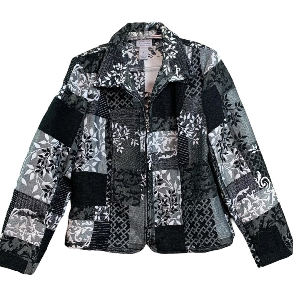 Renaissance Patchwork Tapestry Floral Leaf Zip Jacket Black Gray White Size M